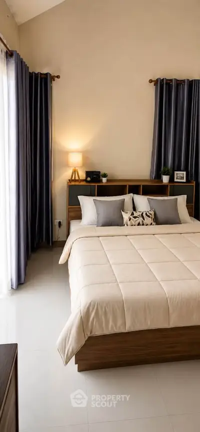 Spacious and elegant bedroom with modern decor and natural light