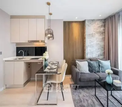 Modern open-plan living room with stylish kitchen and elegant decor