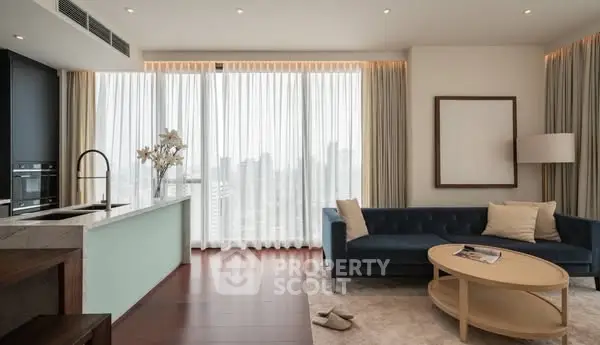 Luxurious modern living room with city view, elegant furniture, and natural light.