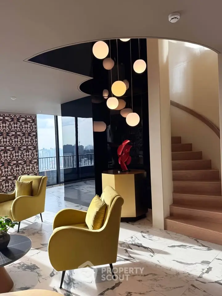 Luxurious modern living room with elegant staircase and panoramic city view, featuring stylish furniture and unique lighting.