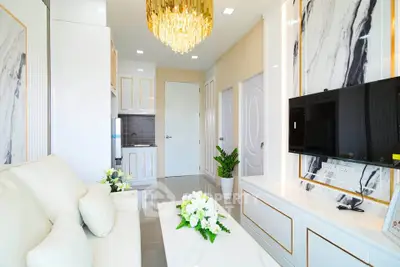 Luxurious modern living room with elegant decor and marble accents