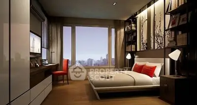 Modern bedroom with city view, stylish decor, and cozy ambiance.