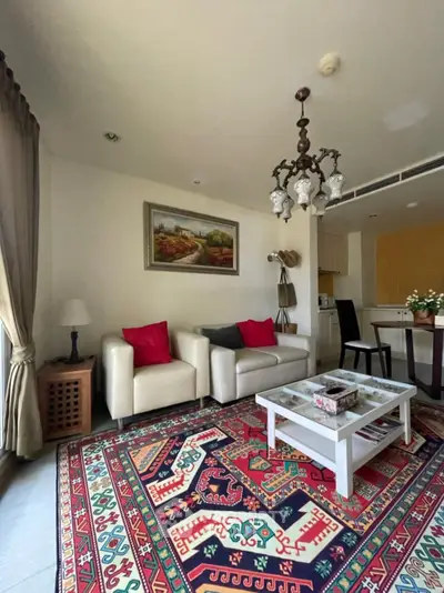 Charming living room with vibrant rug and elegant chandelier in modern apartment