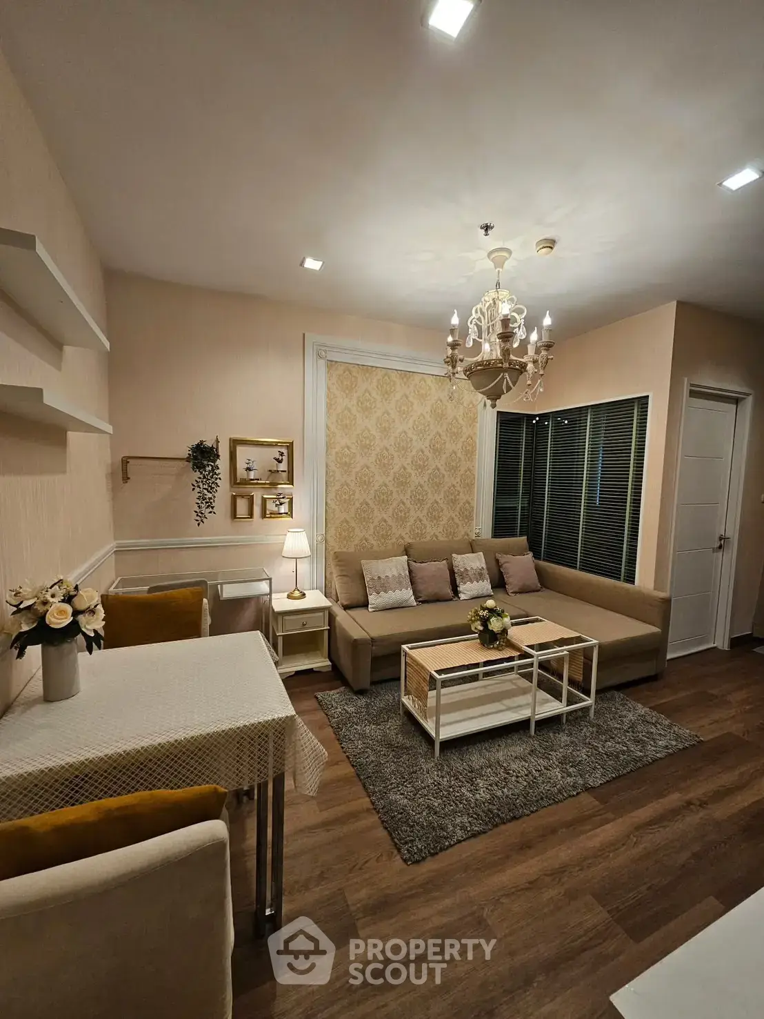 Elegant living room with cozy seating and stylish decor in modern apartment