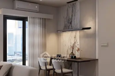 Modern living room with stylish dining area and large window view