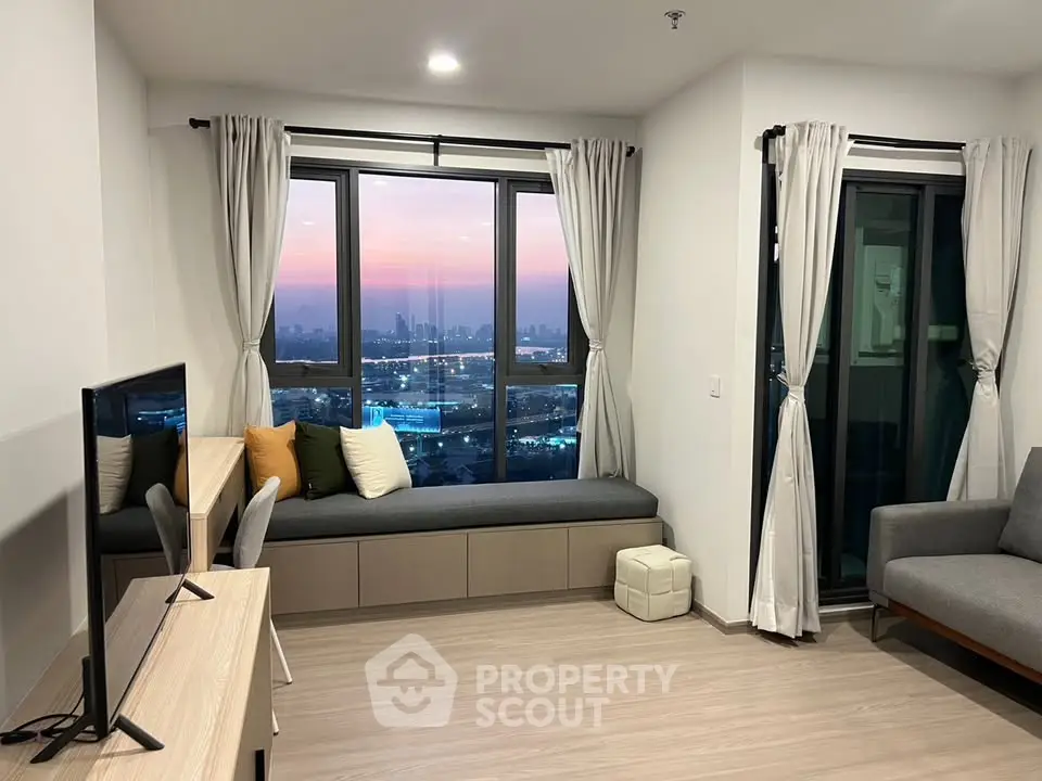 Modern living room with panoramic city view and stylish decor