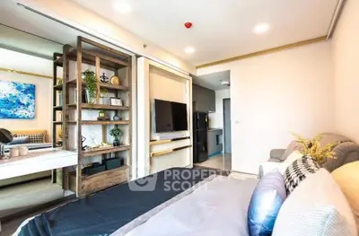 Modern bedroom with stylish decor and open layout in a contemporary apartment.