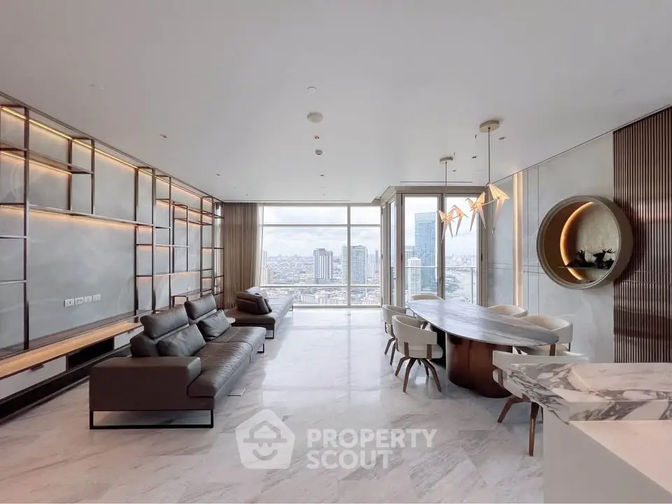 Luxurious modern living room with panoramic city view, elegant furnishings, and marble flooring.