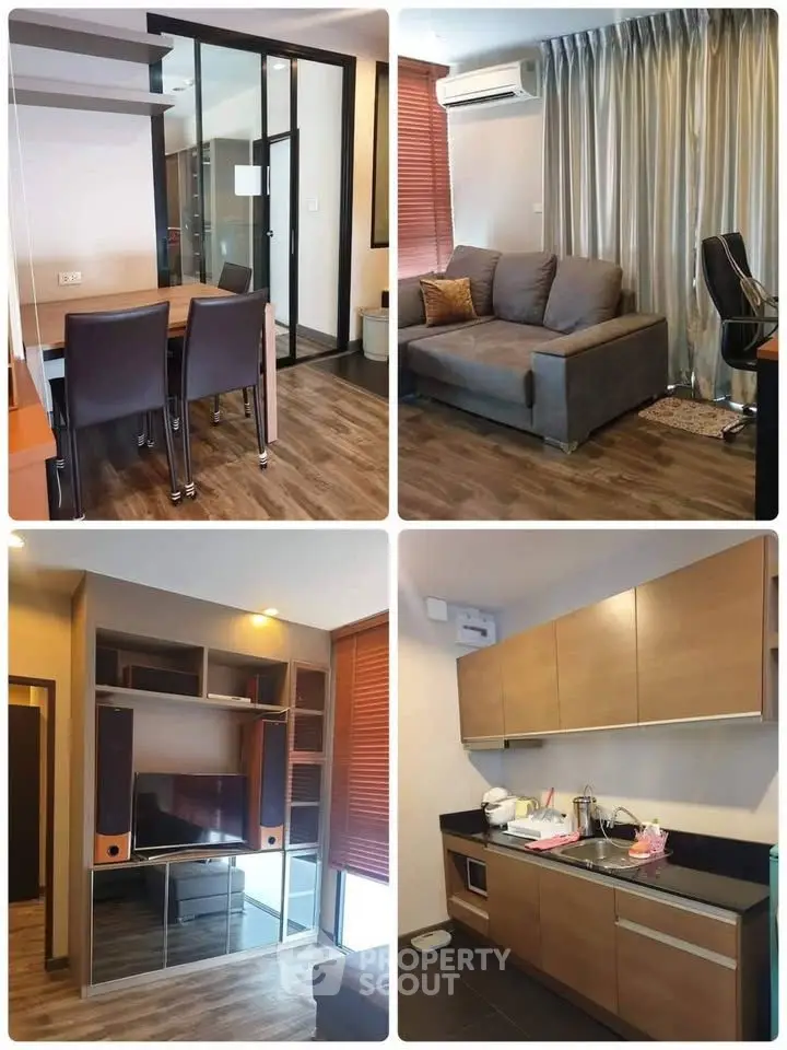 Modern apartment interior with stylish living room, dining area, and sleek kitchen design.