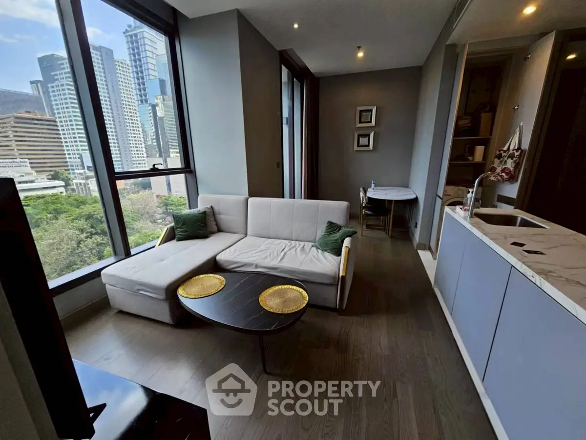 Modern living room with city view and stylish furniture