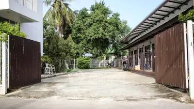Spacious driveway entrance with lush greenery and modern fencing