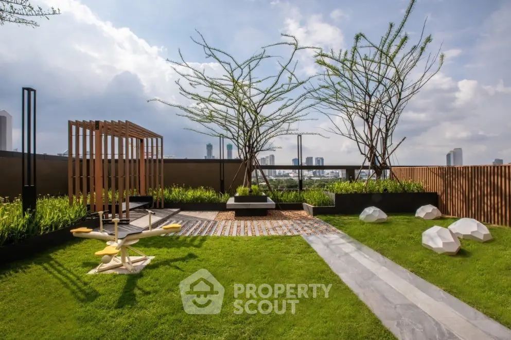 Stunning rooftop garden with city views and modern landscaping.