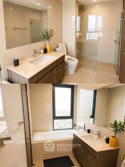 Modern bathroom with sleek fixtures and large window offering city views.