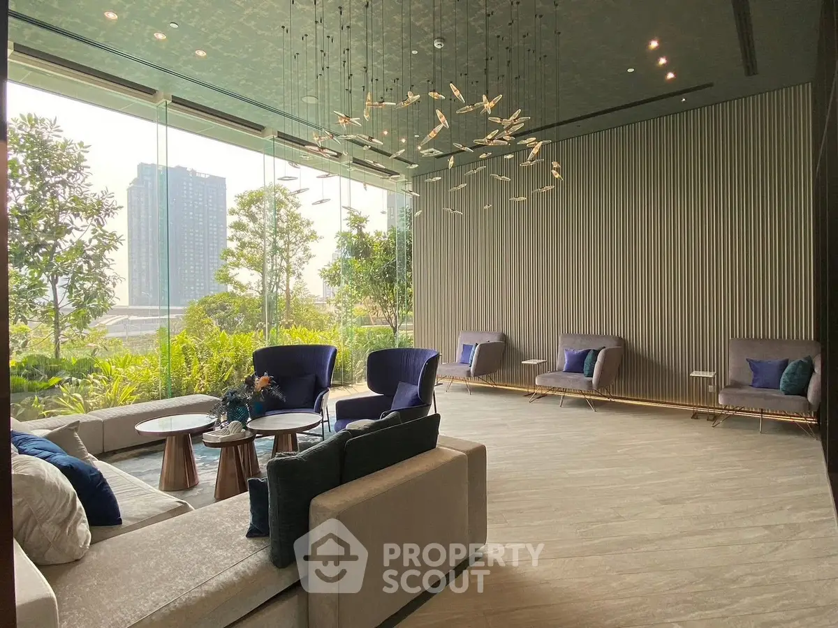 Luxurious modern living room with floor-to-ceiling windows and elegant decor