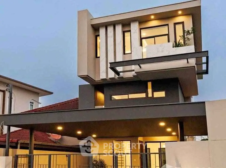 Modern architectural home with unique facade and elegant lighting
