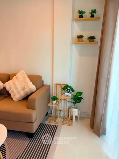 Cozy living room with stylish decor and natural light, featuring a comfortable sofa and indoor plants.