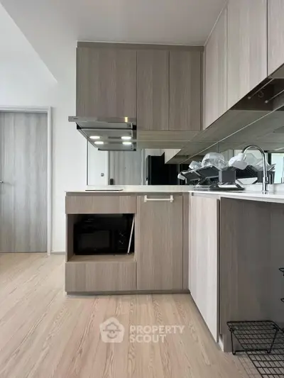 Modern kitchen with sleek cabinetry and built-in appliances in a contemporary apartment.