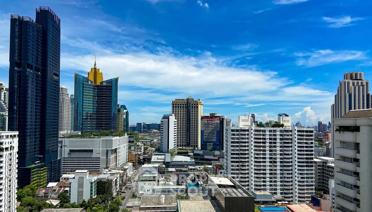 Stunning cityscape view showcasing modern skyscrapers under a vibrant blue sky.