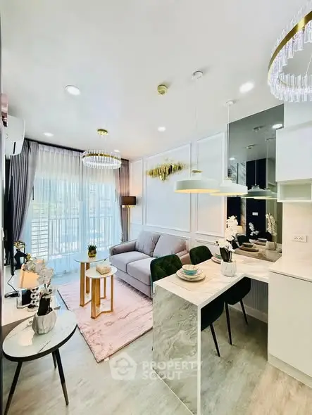 Modern open-plan living room with chic decor and natural light