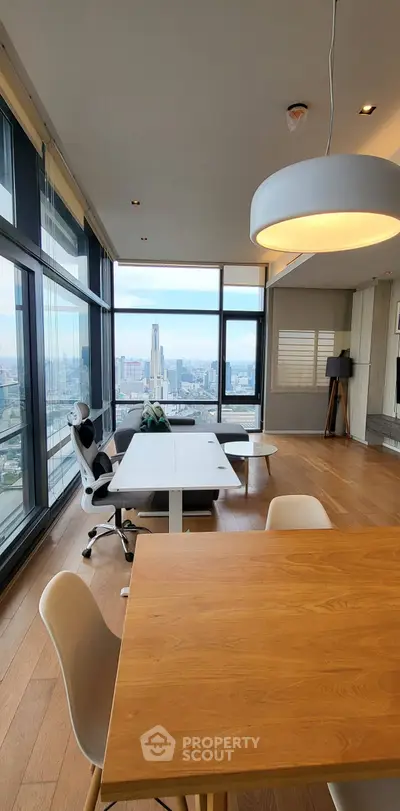 Modern living room with panoramic city view and stylish furniture
