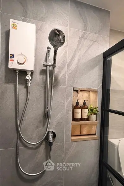 Modern bathroom with sleek shower and stylish tile design