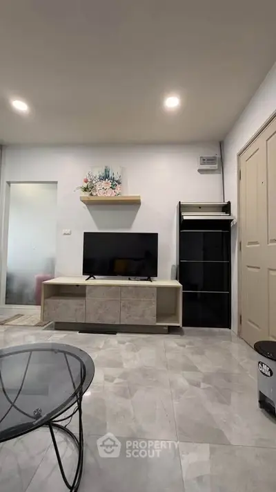 Modern living room with sleek TV stand and stylish decor