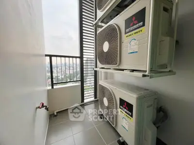 Modern apartment balcony with air conditioning units and city view.