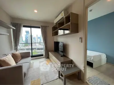 Modern living room with city view and cozy bedroom in urban apartment