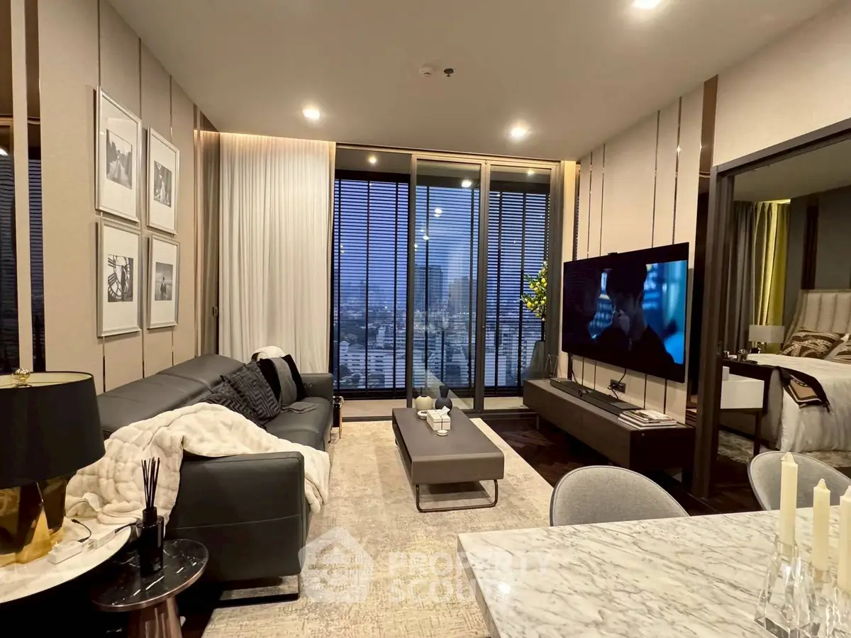 Luxurious modern living room with city view, stylish decor, and open layout