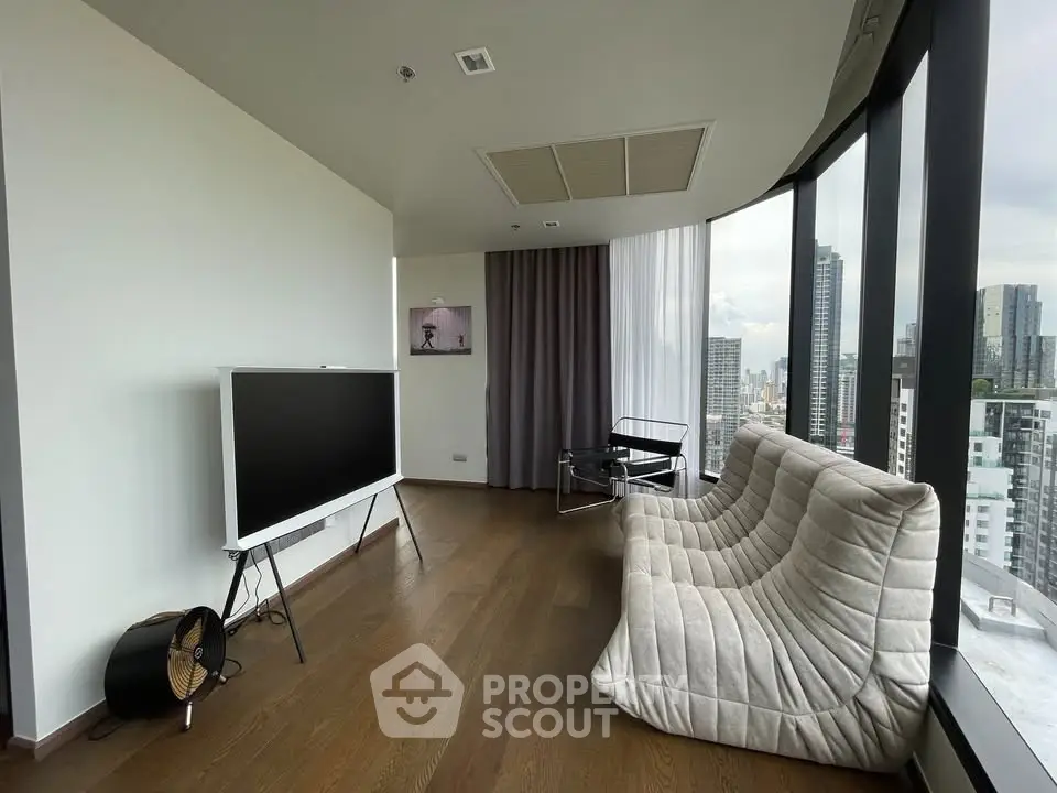 Modern living room with panoramic city view and stylish furniture