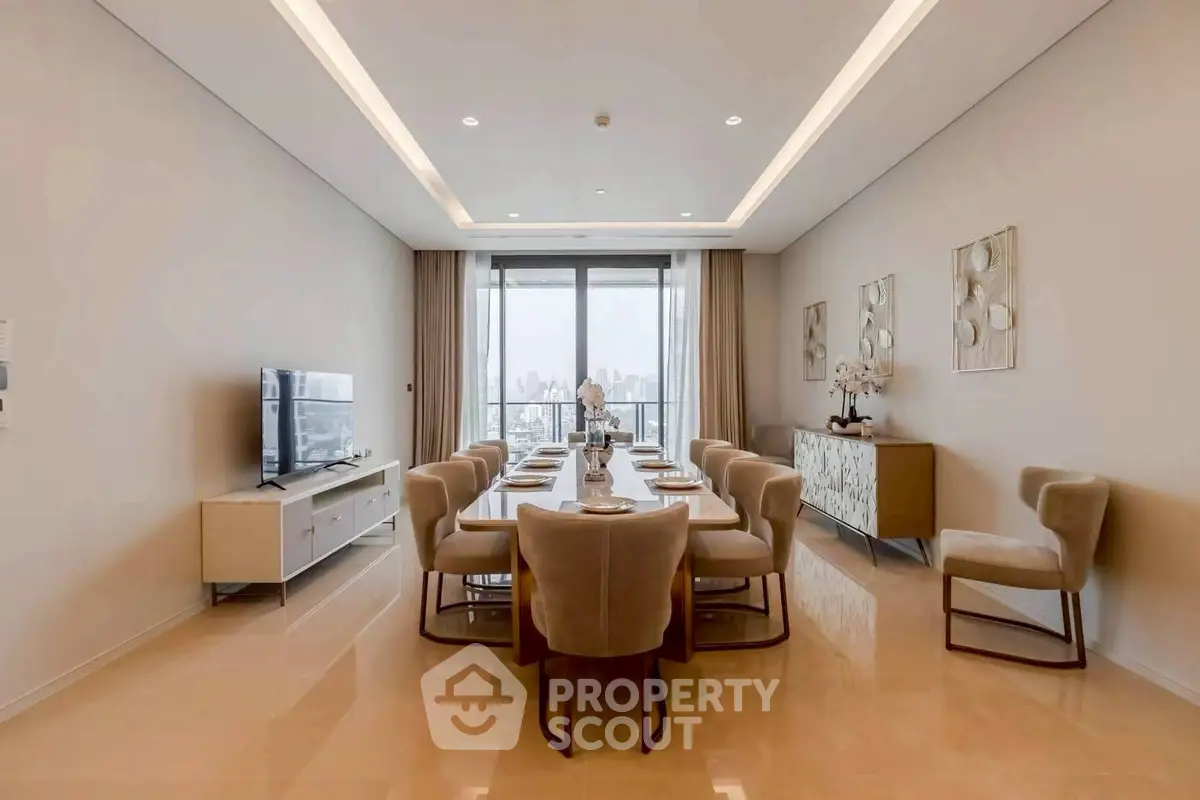 Luxurious dining room with elegant decor and city view, perfect for entertaining guests.