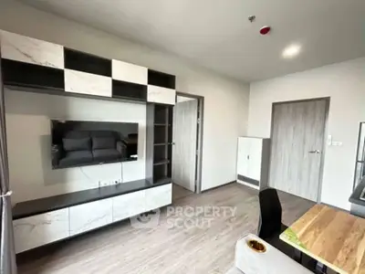 Modern living room with sleek built-in storage and stylish decor