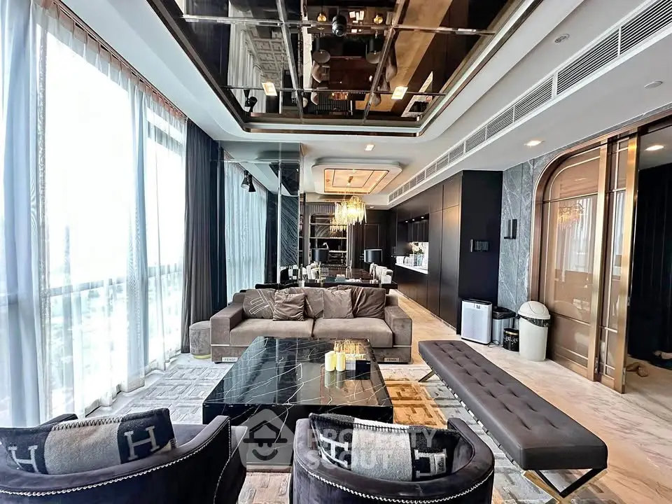Luxurious modern living room with elegant decor and panoramic windows