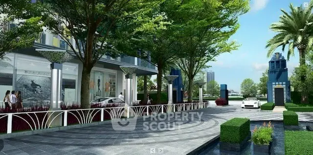 Luxurious modern building entrance with lush greenery and sleek design