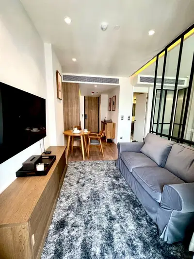 Modern living room with cozy sofa, stylish decor, and dining area in open layout apartment.