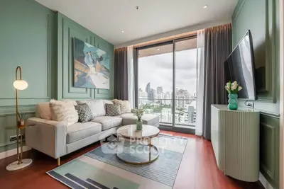 Stylish living room with city view, modern decor, and elegant furnishings in a high-rise apartment.