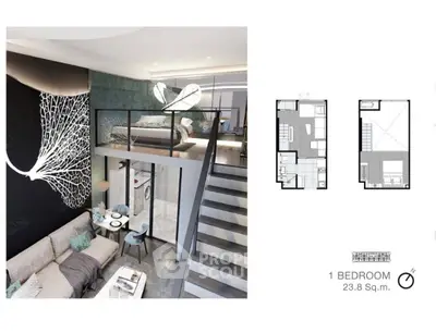 Modern loft-style 1-bedroom apartment with mezzanine and stylish decor, featuring open living space and floor plan.