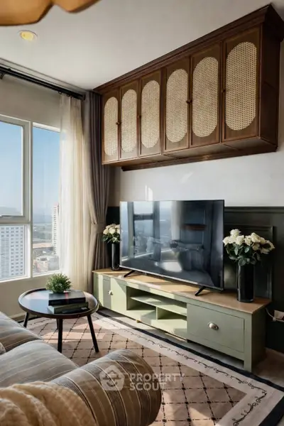 Chic living room with modern decor and large TV, featuring stylish cabinetry and a scenic window view.