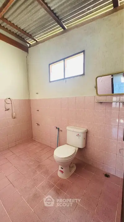 Spacious bathroom with pink tiles and natural light, featuring a toilet and shower area.