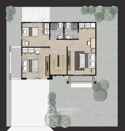 Modern architectural floor plan showcasing a spacious layout with multiple bedrooms and bathrooms.