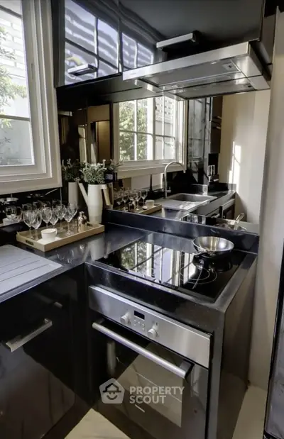 Modern kitchen with sleek black cabinetry and stainless steel appliances.