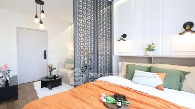 Stylish modern bedroom with cozy decor and elegant partition