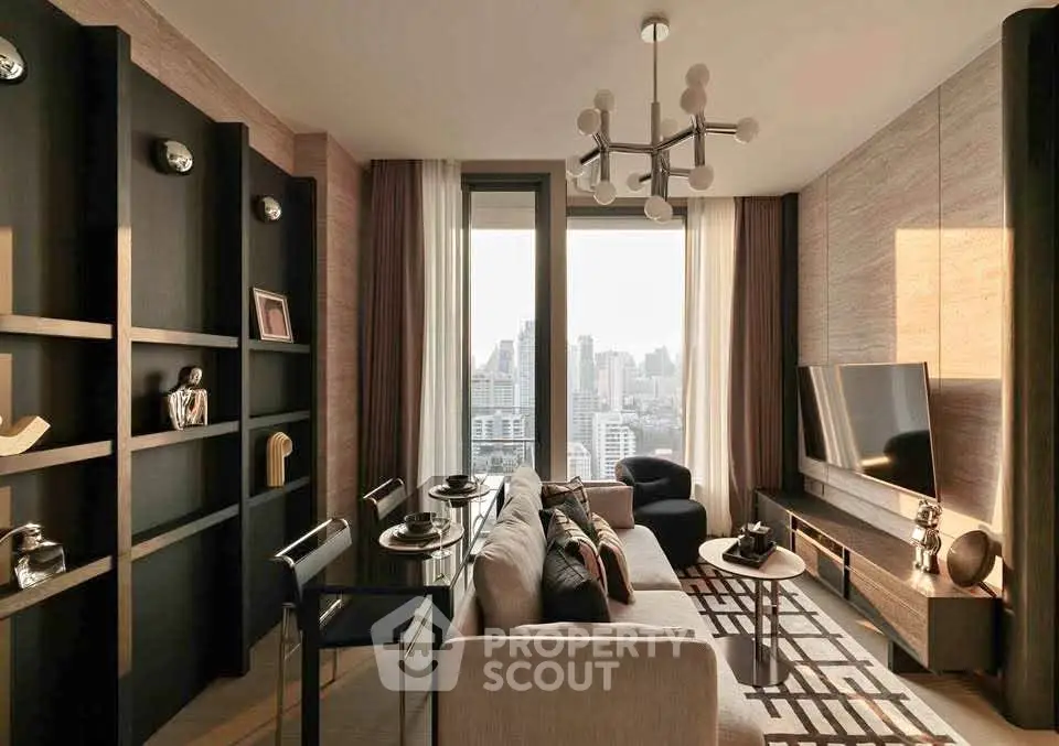 Luxurious modern living room with city view, elegant decor, and stylish furniture in high-rise apartment.