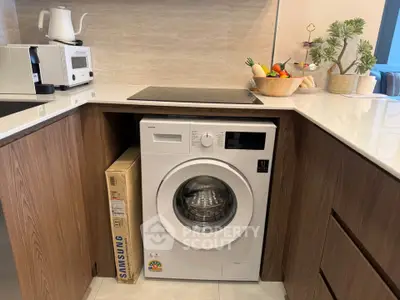 Modern kitchen with built-in washing machine and sleek wooden cabinetry