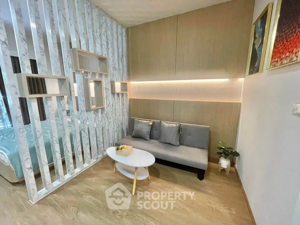 Modern living room with stylish decor and cozy seating area