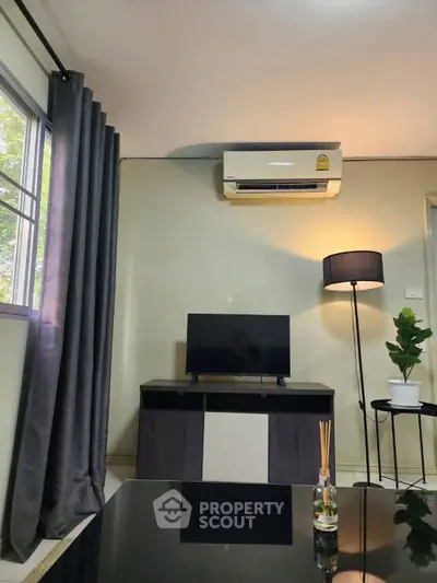 Modern living room with air conditioning, TV, and stylish decor