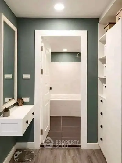 Modern bathroom entrance with sleek design and stylish decor