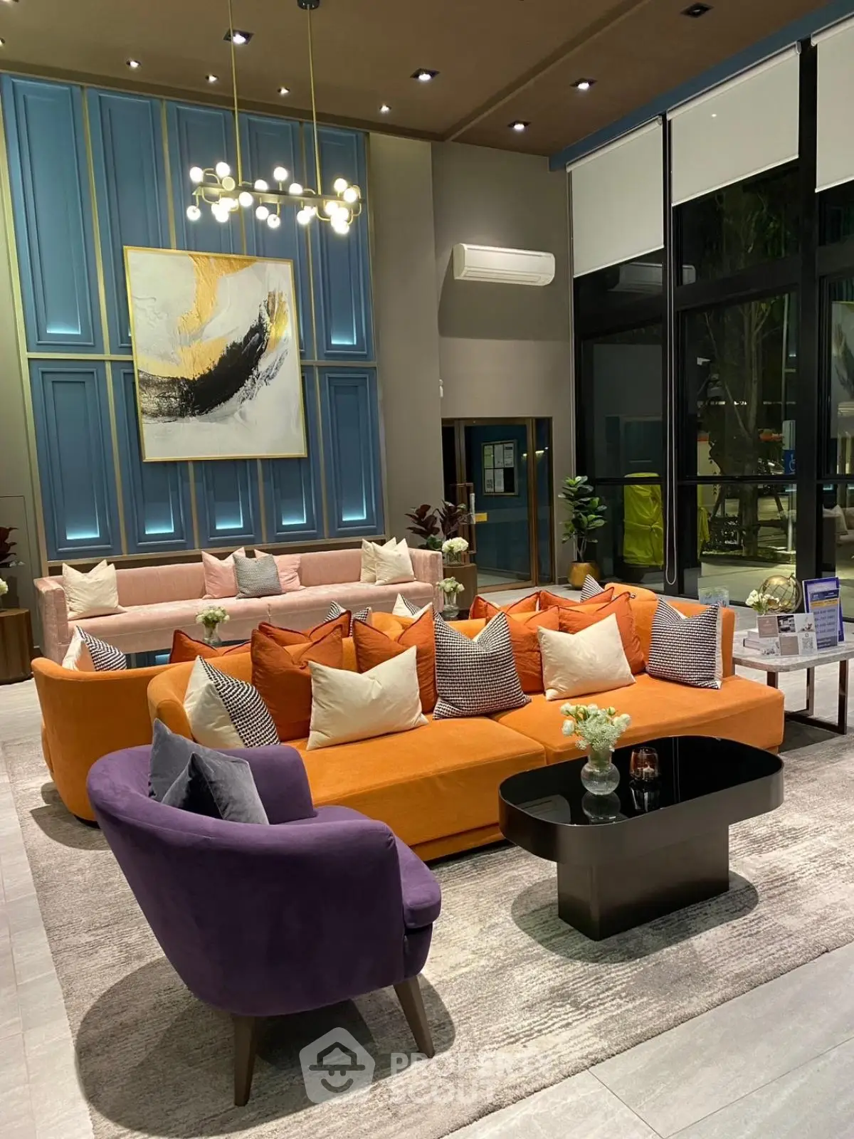 Luxurious modern living room with vibrant furniture and elegant lighting