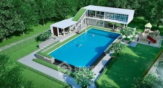 Luxurious modern villa with large pool and lush green surroundings