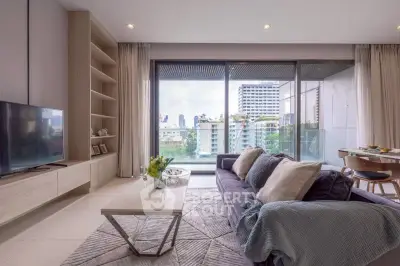 Spacious modern living room with city view and elegant decor